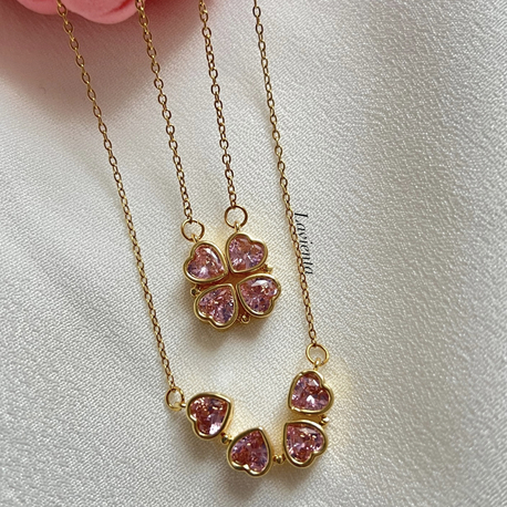 Gold Pembe Zirkon Taşlı Açılabilir Yonca Çelik Kolye (45 cm)