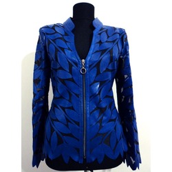 V Neck Blue Leather Leaf Womens Jacket [Design 12]