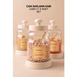 3’Lü Set Cam Saklama Kabı | Cam Bakliyat Saklama Kabı | Büyük Boy Erzak Kabı 2650 ML | Kürekli