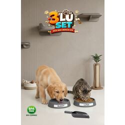 Kedi Köpek İçin 3'lü Mama ve Su Kabı Kürek | İsim Yazılabilir Etiketli, Pati Desenli | Gri