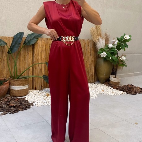 Bordo Premium Saten Kemerli Bol Paça Tulum