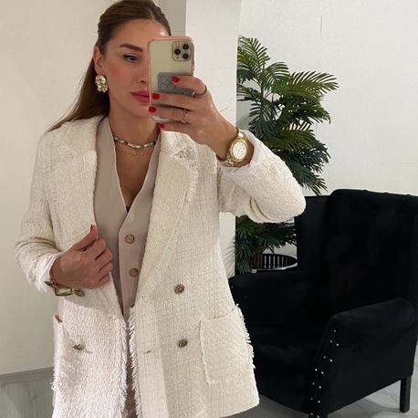 Krem Chanel Kumaş Astarlı Düğmeli Ceket