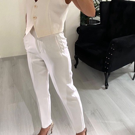 Beyaz ZR model Yüksel Bel Pensli Pantolon