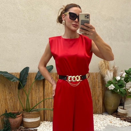 Kırmızı Premium Saten Kemerli Bol Paça Tulum