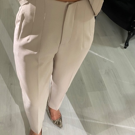 Krem ZR model Yüksel Bel Pensli Pantolon
