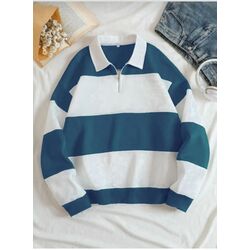 Unisex Petrol Mavi Çizgili Oversize Polo Yaka Yarım Fermuarlı Sweatshirt 