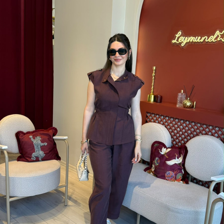 Bordo poplin keten beli lastikli fermuarlı astarlı gold düğmeli yelek cepli pantolon takım