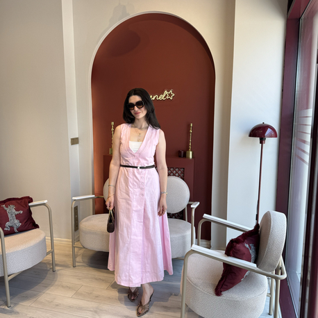 Pembe kahverengi kemerli organik keten boydan gömlek elbise