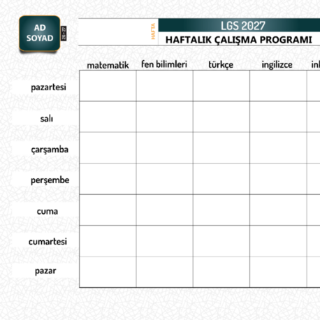 2027 LGS HAZIRLIK _ HAFTALIK ÇALIŞMA PROGRAMI