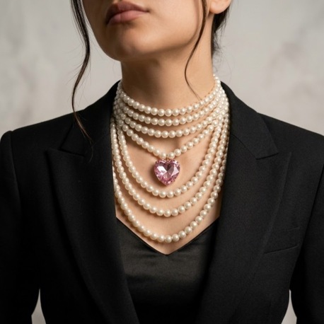 İnci Kolye ve Pembe Kristal Kalp Kolye Ucu - El Yapımı