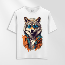 Unisex Oversize Gözlüklü Kurt Tasarımlı T-Shirt
