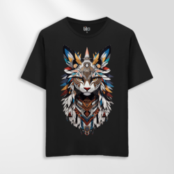 Unisex Oversize Geometrik Kedi Tasarımlı T-Shirt