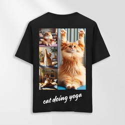 Unisex Oversize Cat Doing Yoga Tasarımlı T-Shirt (Sırt Baskılı)