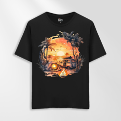 Unisex Oversize Kamp Ateşi Tasarımlı T-Shirt