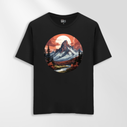 Unisex Oversize Dağ Manzara Tasarımlı T-Shirt 