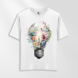 Unisex Oversize Çiçekli Ampul Tasarımlı T-Shirt