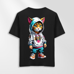 Unisex Oversize Kapüşonlu Kedi Tasarımlı T-Shirt (Sırt Baskılı)