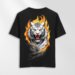 Unisex Oversize Ateşli Kaplan Tasarımlı T-Shirt (Sırt Baskılı)
