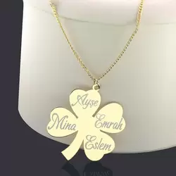 Kişiye Özel 14K Altın Kaplama Yonca Aile İsim Kolye