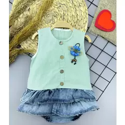 6-9-12-18 Ay Gül Rozet Detaylı Kot Kilotlu Etek Kız Bebek Elbisesi