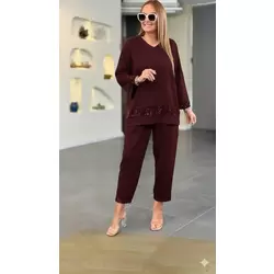 Kadın Uzun Kollu V Yakalı Pulpayet Viskon Iki Iplik Bluz Ve Pantolon Takım