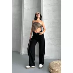 Palazzo straight enzim süper taş yıkama jeans pantolon siyah d2008