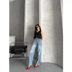 Palazzo straight kar yıkama jeans pantolon mavi d2008