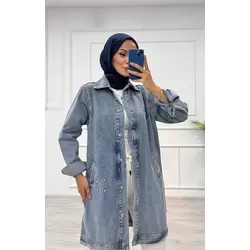 Taşlı tunik ceket kar yıkama orta mavi d2516