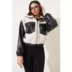 Deri garnili cepli peluş mont siyah t1253