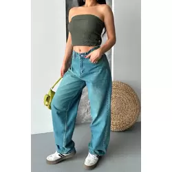 Baggy taş enzim bıyık yıkama jeans pantolon yeşil tint d2007