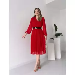 Kadın şifon Kumaş Astalı Kloş Kesim Kruvaze Yaka Midi Boy Elbise
