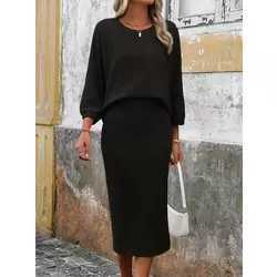 Kadın Uzun Kollu Yakası Açık Yarasa Kollu şardonlu Kaşkorse Bluz Ve Etek Takım