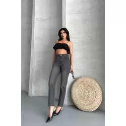 Mom fit enzim taş yıkama jeans pantolon füme d2006
