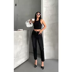 Mom fit enzim bıyıklı taş yıkama jeans pantolon siyah d2006