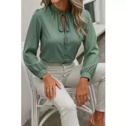 Kadın Uzun Kollu Yakalı Yakadan Bağcıklı Düğmeli Sandy Bluz