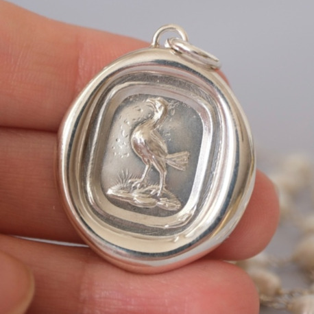 Victorian Fob Mühürden Kuş Motifli Gümüş Kolye