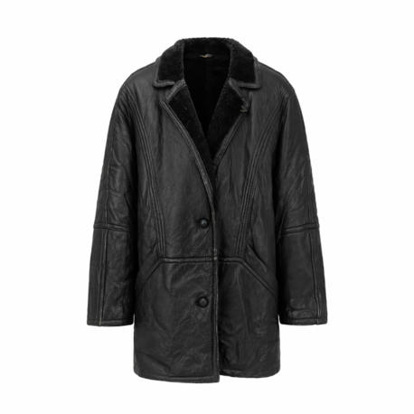 Vintage Siyah Deri Shearling Mont - Kürklü İçi L-XL Oversize Uyum