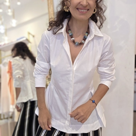Kadın, Peplum Bel Detaylı, Pamuk Kumaş, Beyaz Gömlek