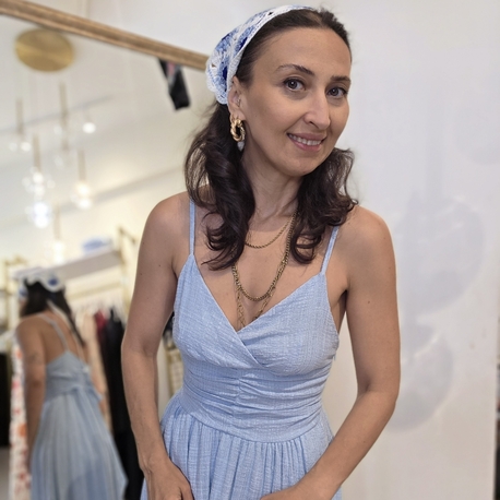 Kadın, Ayarlanabilir Askılı, Belden Kuşaklı, Astarlı, Müslin Kumaş, Bebe Mavisi Midi Elbise