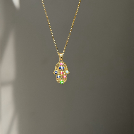 Çelik Renkli Etnik Hamsa Kolye | Gold