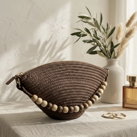 Boncuk Detaylı Acı Kahve Hasır Clutch Kadın Yazlık Çanta
