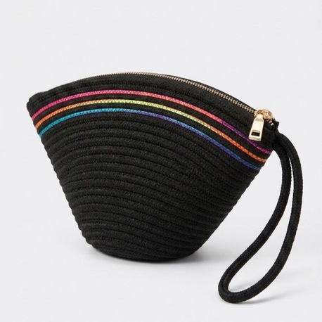 Handmade Renk Şerit Detaylı Hasır Siyah Clutch Çanta