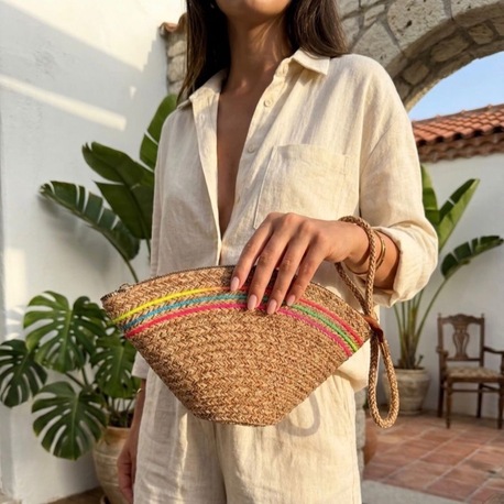 Handmade Renk Şerit Detaylı Hasır Clutch Çanta