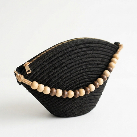 Boncuk Detaylı Siyah Hasır Clutch Kadın Yazlık Çanta