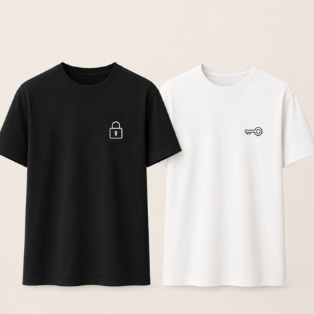 Lumora Couple Collection Oversize Unisex Çift Tişörtü - Anahtar & Kilit Tasarım - Siyah & Be