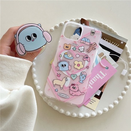 12 ProMax Kulaklık Takan Karikatür Kedi Masafe Kılıf ve Magnetik Holder