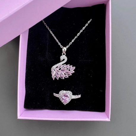 PEMBE KUĞU KOLYE YÜZÜK SETİ ÇELİK