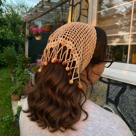 Crochet Boncuklu Bandana Krem