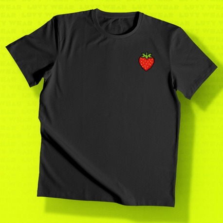 Çilek Temalı Siyah Unisex Tişört - Pixel Serisi