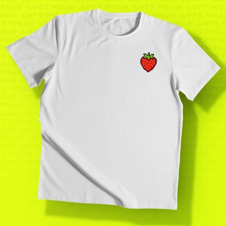 Çilek Temalı Beyaz Unisex Tişört - Pixel Serisi